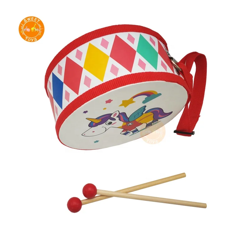 Sensory Musical Instrument Toys 6 inch Wooden Drum Toys with an Adjustable Strap and 2 Drumsticks for Toddler Kids