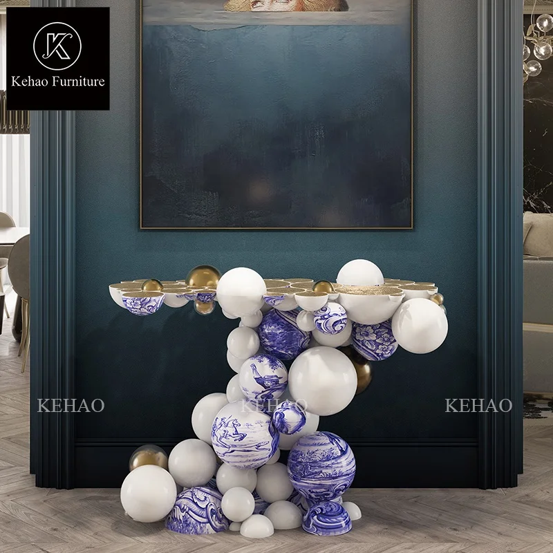 Luxury living room entry hall console table unique stainless steel console table art hand painting and gold color console table