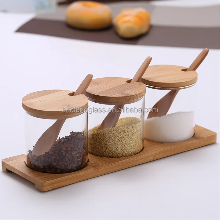 Condiment Container Seasoning Box Pot 3pcs Spice Kitchen Glass Jar Set with Bamboo Spoon Lid and Base