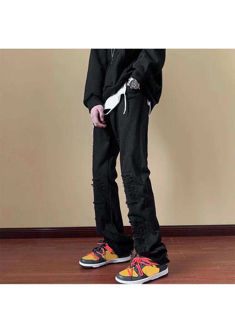 XINGKONG White Pants for Men - High Street Ripped Jeans with Slim Straight Leg and Flare Design