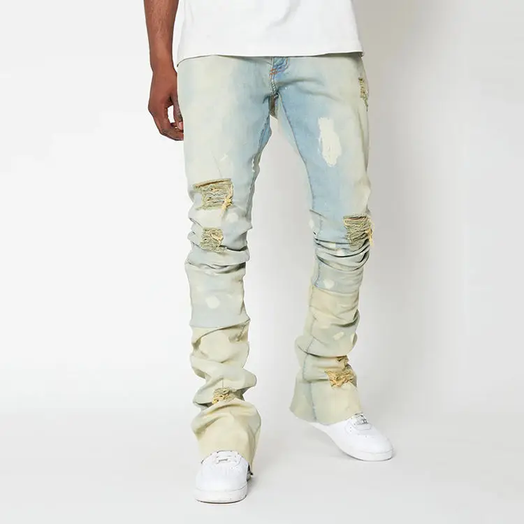 Supplier custom vintage denim stack pants brand washed ripped y2k jeans stacked jeans men flare
