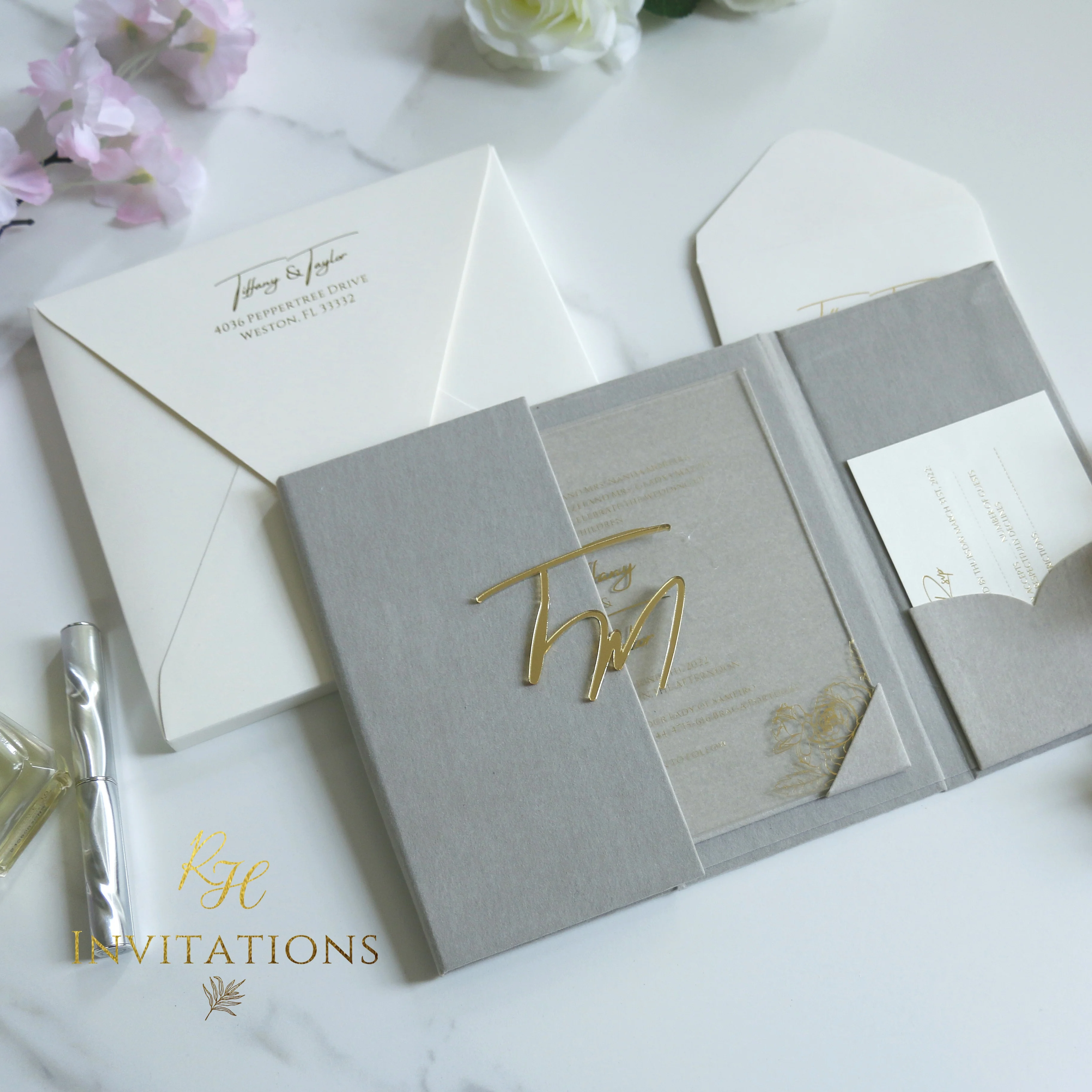 Elegant grey open suede paper crafts wedding invitation with Transparent  acrylic for wedding cards