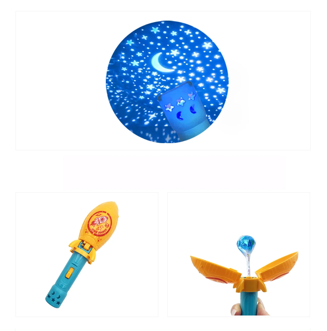 Novelty Cartoon Space Rocket Glow Stick Candy Toy Promotional Kids Gift Plastic Lollipop Toy Candy