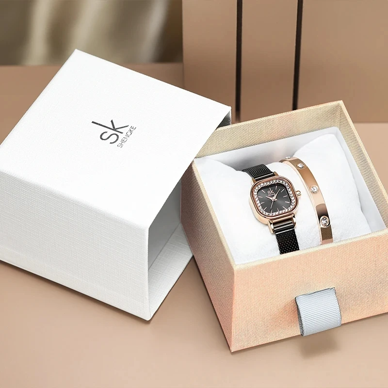 SHENGKE  Fashion Quartz Watches Bracelet Set Black Woman Jewelry Set Watch Ring And Bracelets