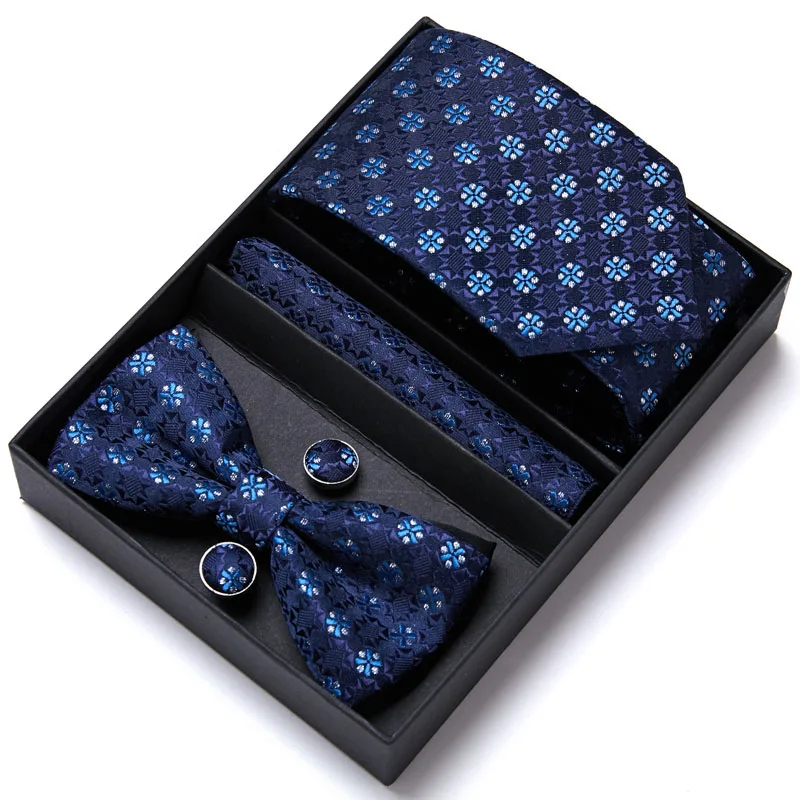 Mens Luxury Paisley Blue Silk Tie Pocket Squre Cufflinks Bowtie Set in Gift Box For Men Gift