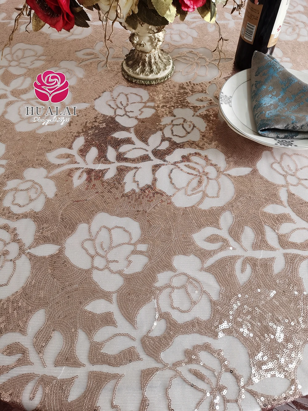 BEAUTIFUL FLOWER DESIGN WHITE AND CHAMPAGNE SEQUIN CUSTOM TABLE OVERLAY CLOTH FOR WEDDING