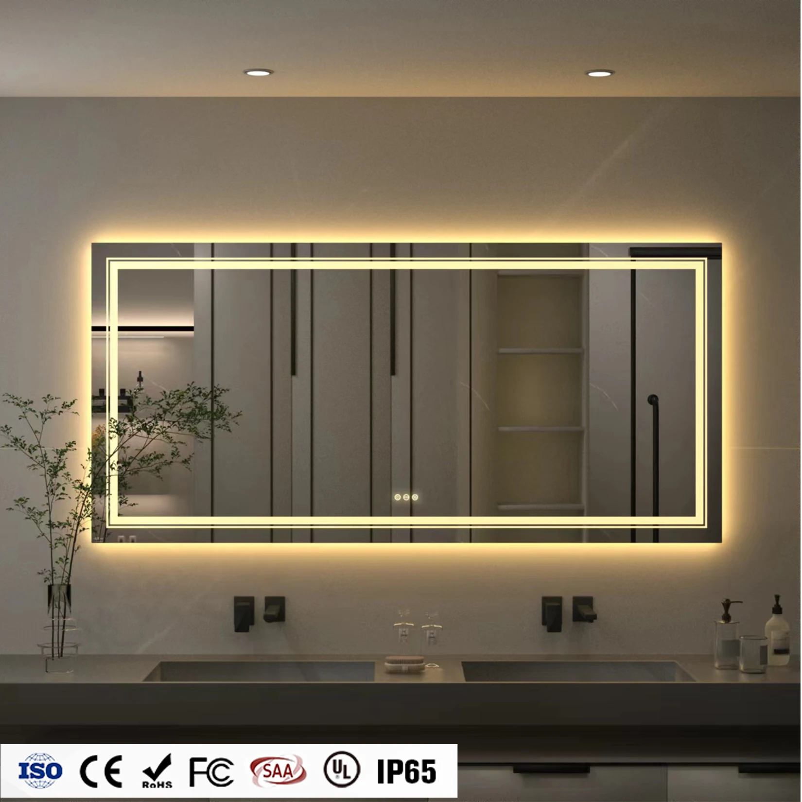 120*80cm Wholesale Custom-made Wall Hand Smart Bathroom Mirror Dual LED Light Strips Mirror Dimming,Defog Mirror