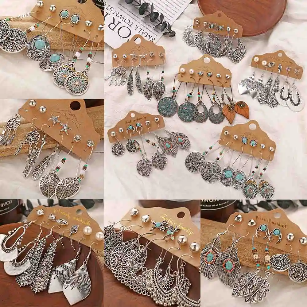 Mixed Design Bohemian Feather Acrylic Turquoise  Earrings Set for Women Jewelry