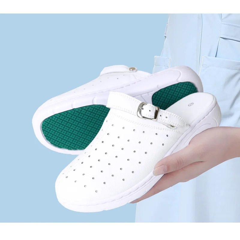 white hospital operating room medical Genuine leather soft soled nurse shoes lightweight, White non slip slipper clogs