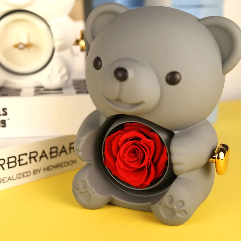 2024 New Eternal Real Rose Box Rotating Teddy Bear Ring Box With Preserved Roses Or Soap Roses For Valentine Day Gifts