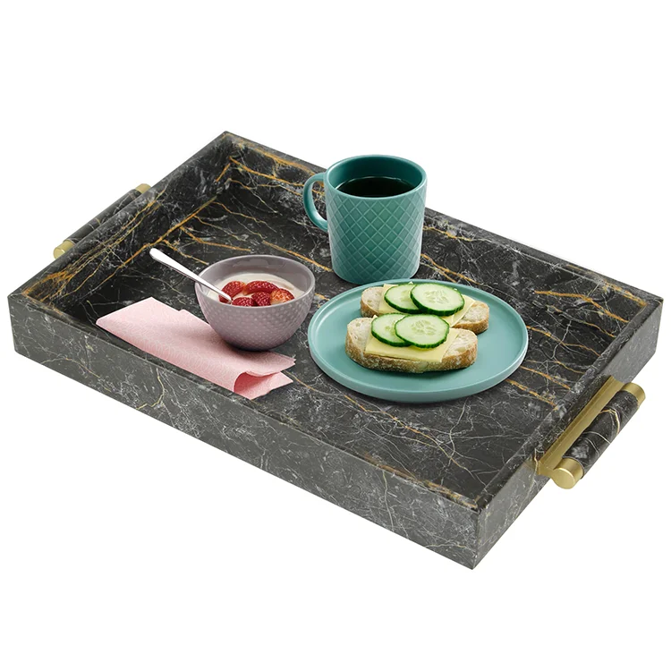 European Style Nordic Marble Tray Home Decoration with  Gold  Handles Marble Serving Tray