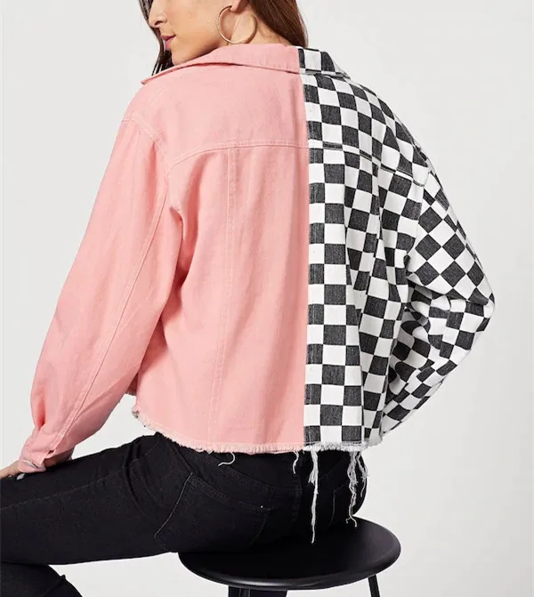 Two Tone Ladies Jackets Chaquetas Mujur High Quality Checker Pink Jean Denim Bomber Jaket Women 2020