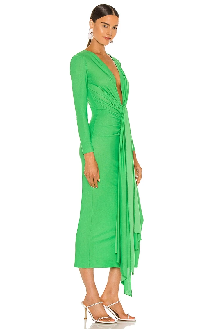 OEM party green V-neck crepe fabric evening long sleeve sexy ruched knot draped midi dresses women