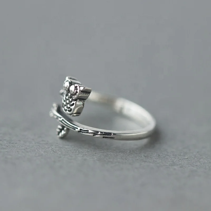 S925 Silver Ring Female Retro Ethnic Style Thai Silver Owl Ring Literary Branch Index Finger Ring