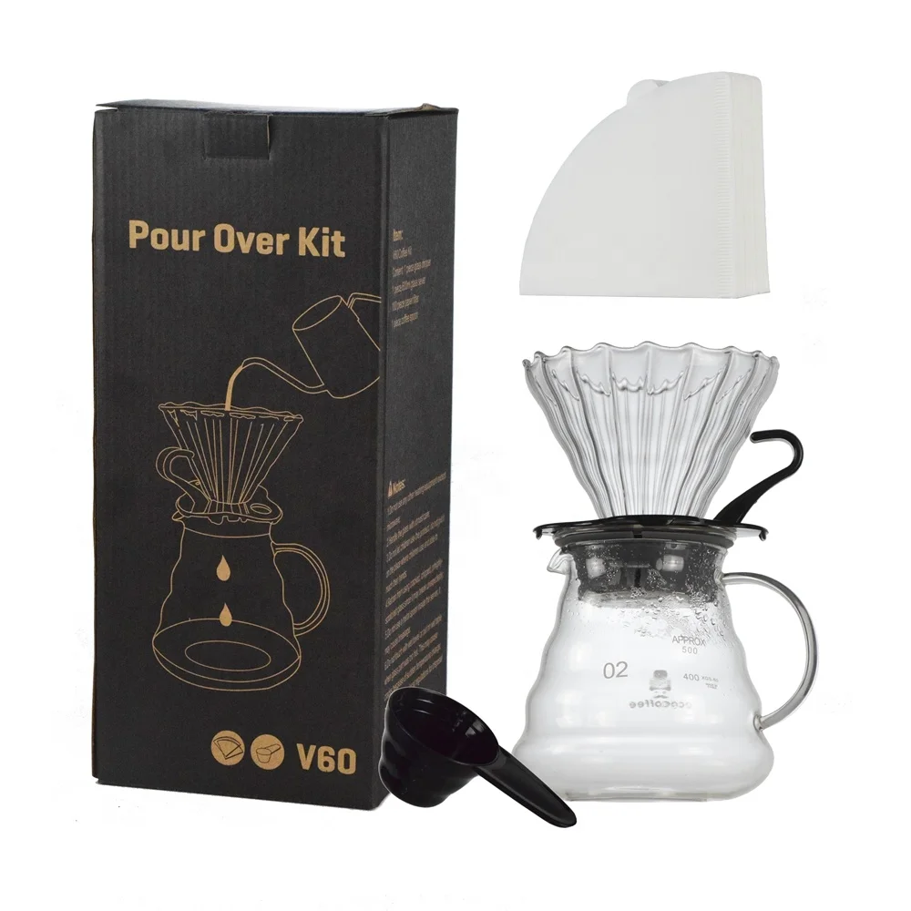 New Customized V02 Coffee Dripper Set Borosilicate Glass Filter Pot with Package Bag Coffee Maker Accessories