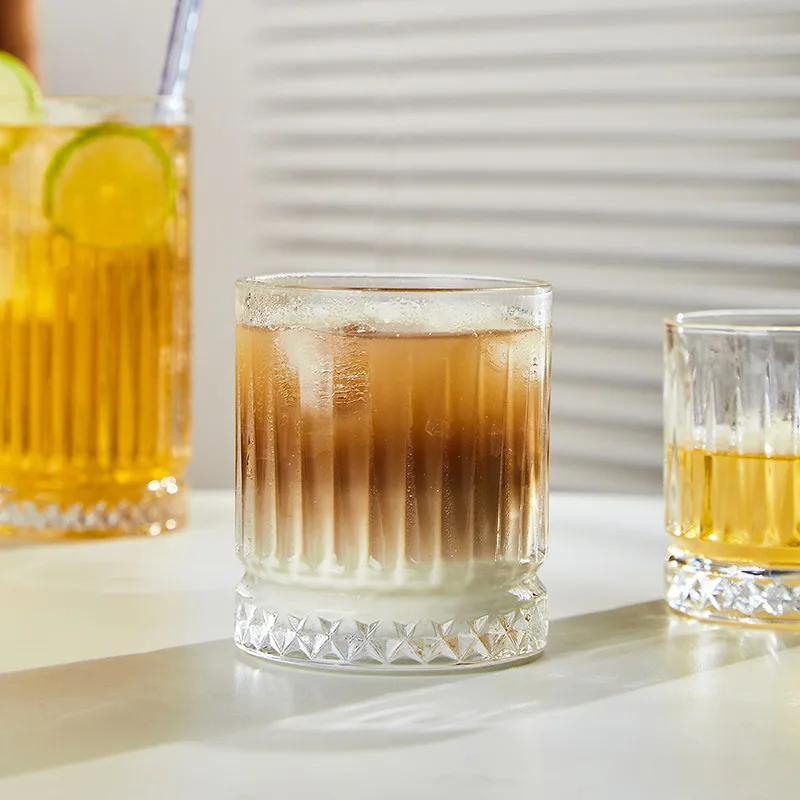 Ribbed Juice Water Drinking Cup Vertical Striped Borosilicate Hand Cut Ripple Tumble Round Whisky Glass Mug Beer Cup