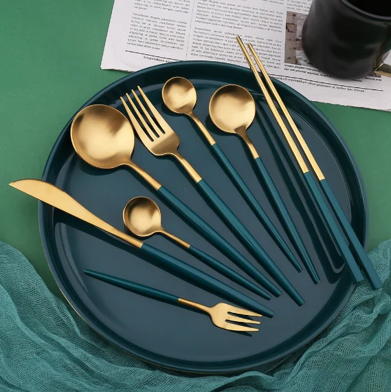 Modern Western Flatware Set Jade Green Handle With Titanium Gold Silver Stainless Steel Matte Cutlery for Restaurant
