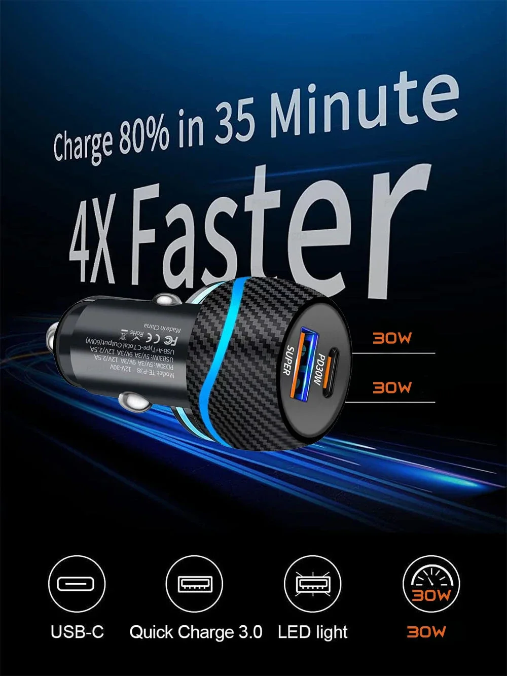 PSDA 60W USB C Car Charger for iPhone 16/15 PD30W&QC30W Cigarette Lighter Phone Charger Adapter USBC Fast Charging for iPhone 16