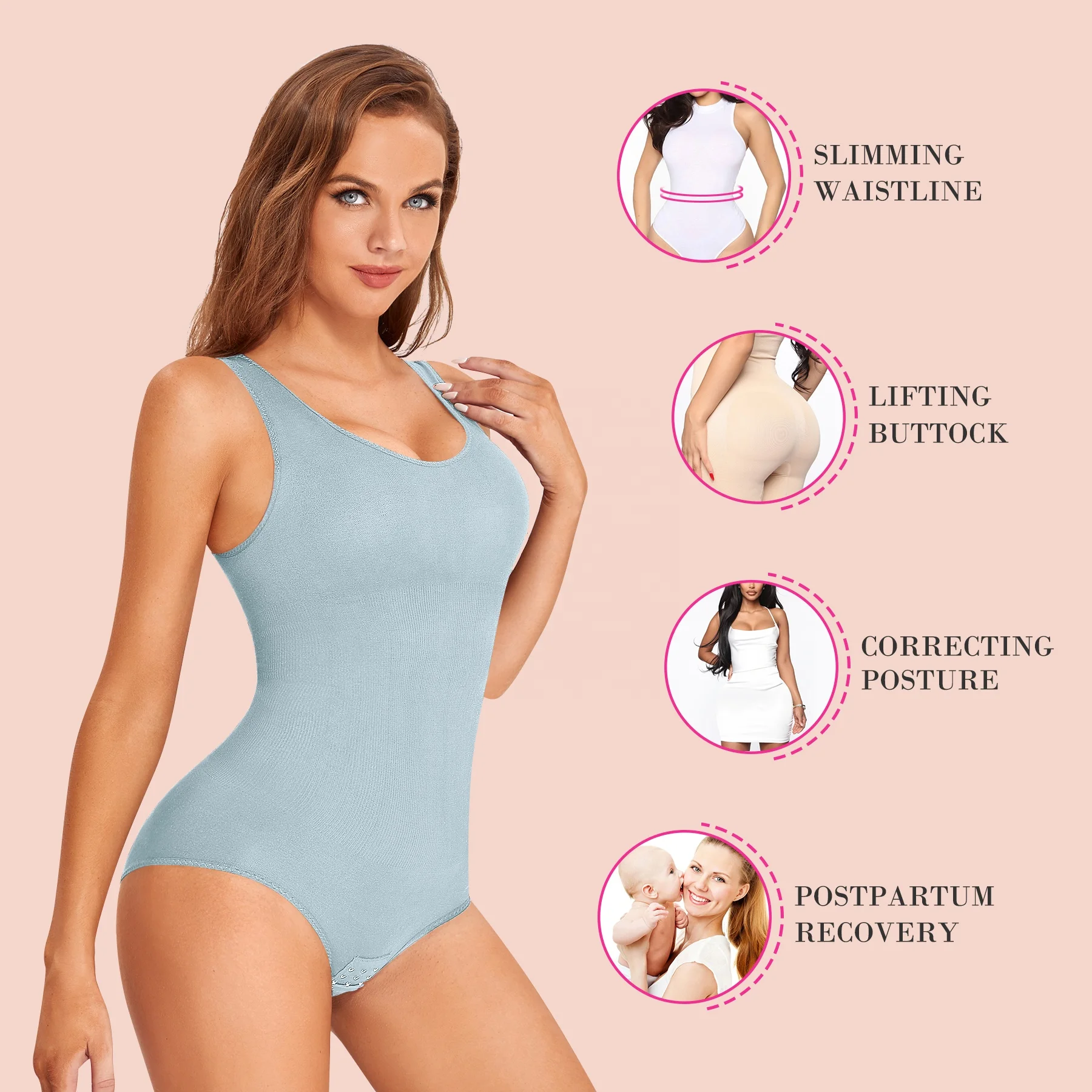 New Nebility High Elasticity Women Shapewear Bodysuit Sculpting Round Neck Seamless Waist Trainer Tummy Control Body Shaper