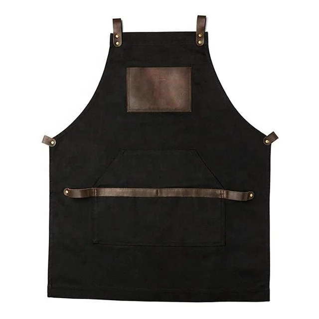 SunYue Working Apron Black Waxed Canvas with Cross Straps Adjustable For Men Women Vintage Heavy Duty Apron