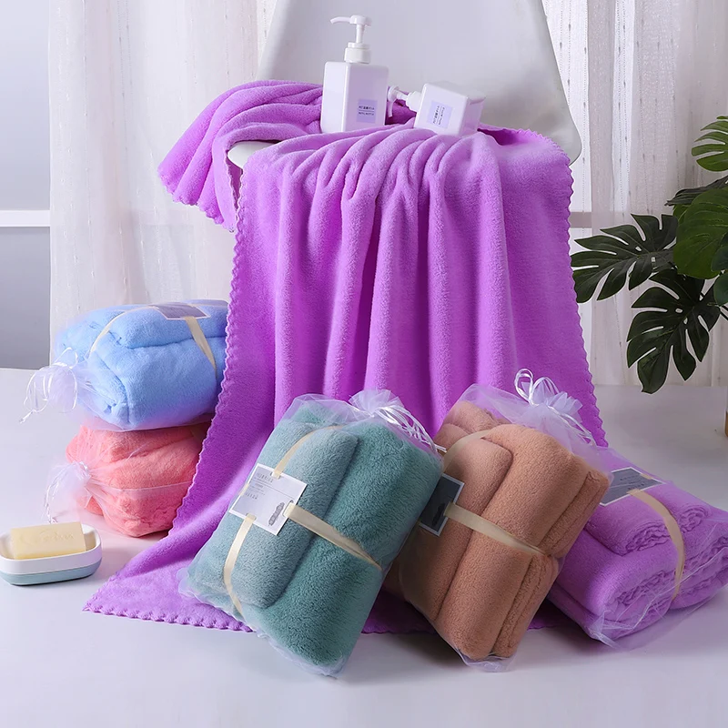 Wholesale microfiber Quick Drying coral fleece hotel spa bathroom 2pcs set custom Plain blank face bath towels set
