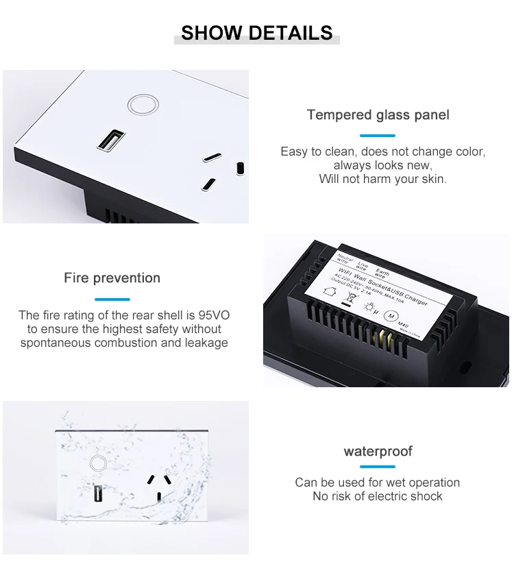 Australia SAA Smart Home Appliances Crystal Tempered Glass Tuya Voice Control Smart Wifi Socket with Usb Multi Socket