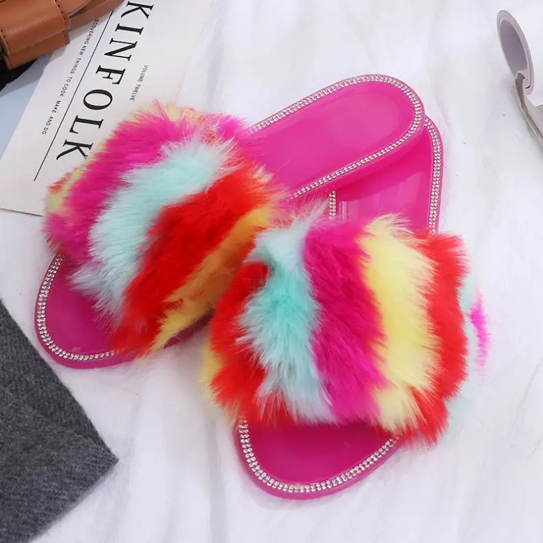 Custom Furry Rabbit Fur Foam House Soft Comfy Flat Fluffy Fur Slide Sandals Slippers for Women