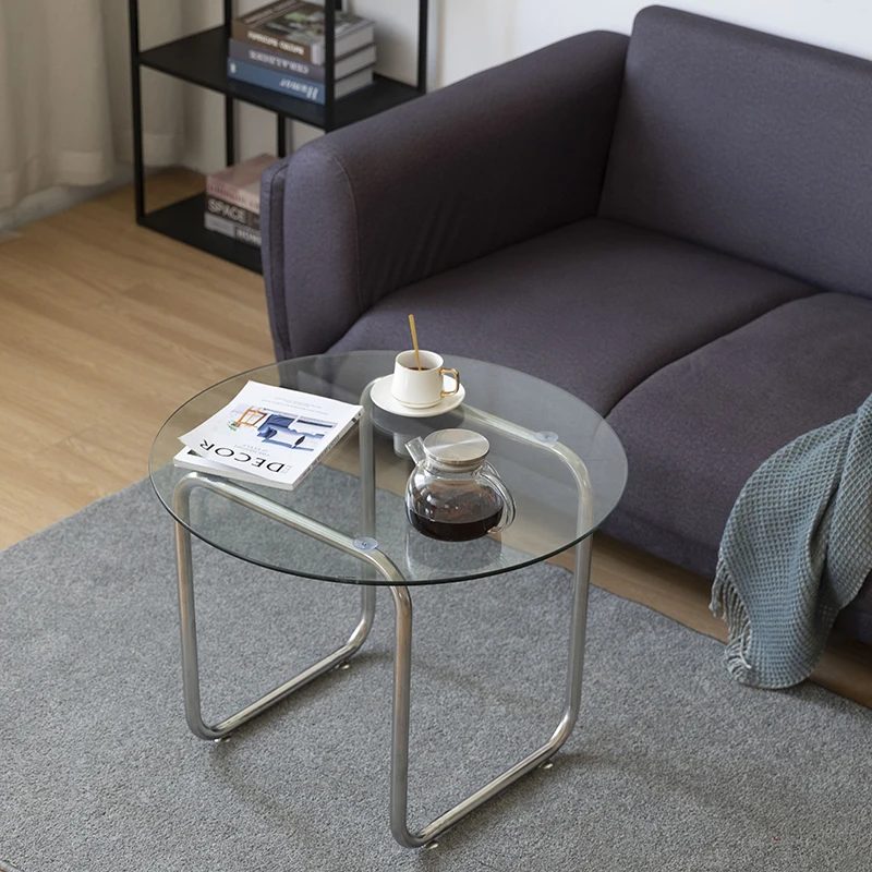 Nordic small round table light luxury sofa living room side table sliver stainless steel round tempered glass coffee table