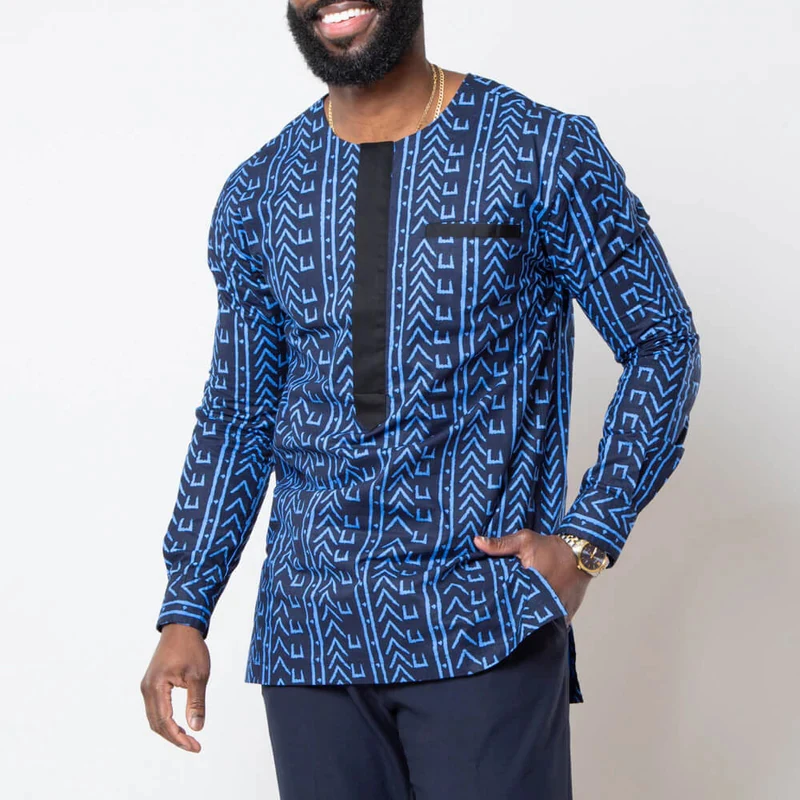 African Print Traditional Shirt Blue Navy Printed Men Top 100% Cotton Wax Shirt For New Season