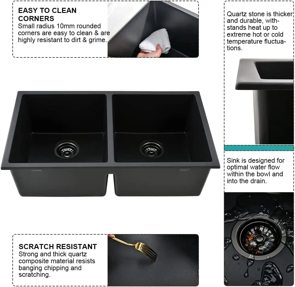 Black Quartz Kitchen Sink Undermount Composite Undermount Granite 50/50 Double Sink