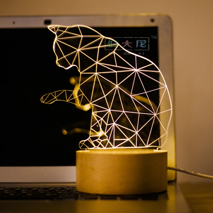 
Деревянная акриловая 3D USB Светодиодная Ночная подсветка с дизайном кошки акриловая Ночная лампа с USB 