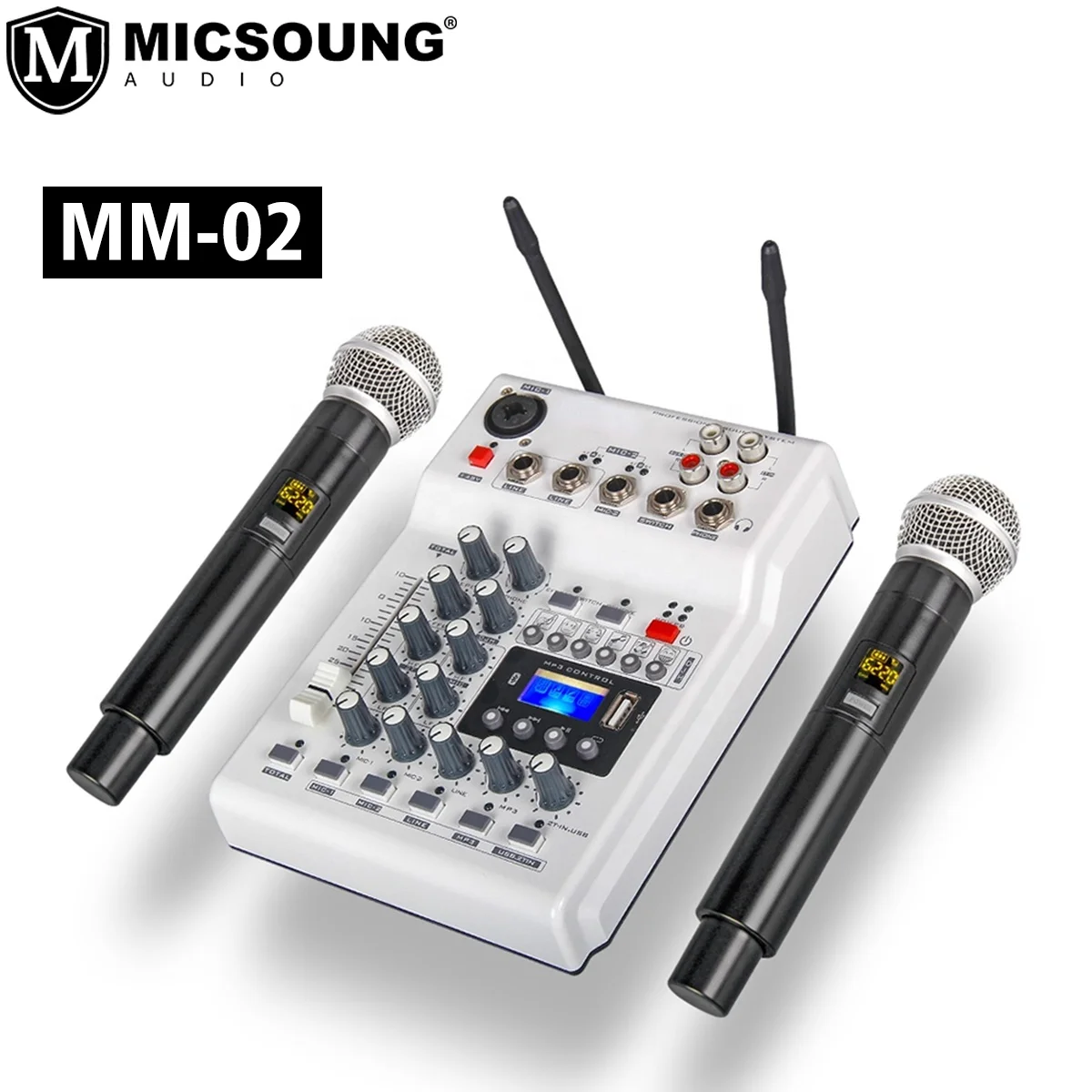 MM-02 Professional UHF Dual Channel Wireless Microphone and Digital Audio Mixer Set For Home Entertainment Small Concert Speech