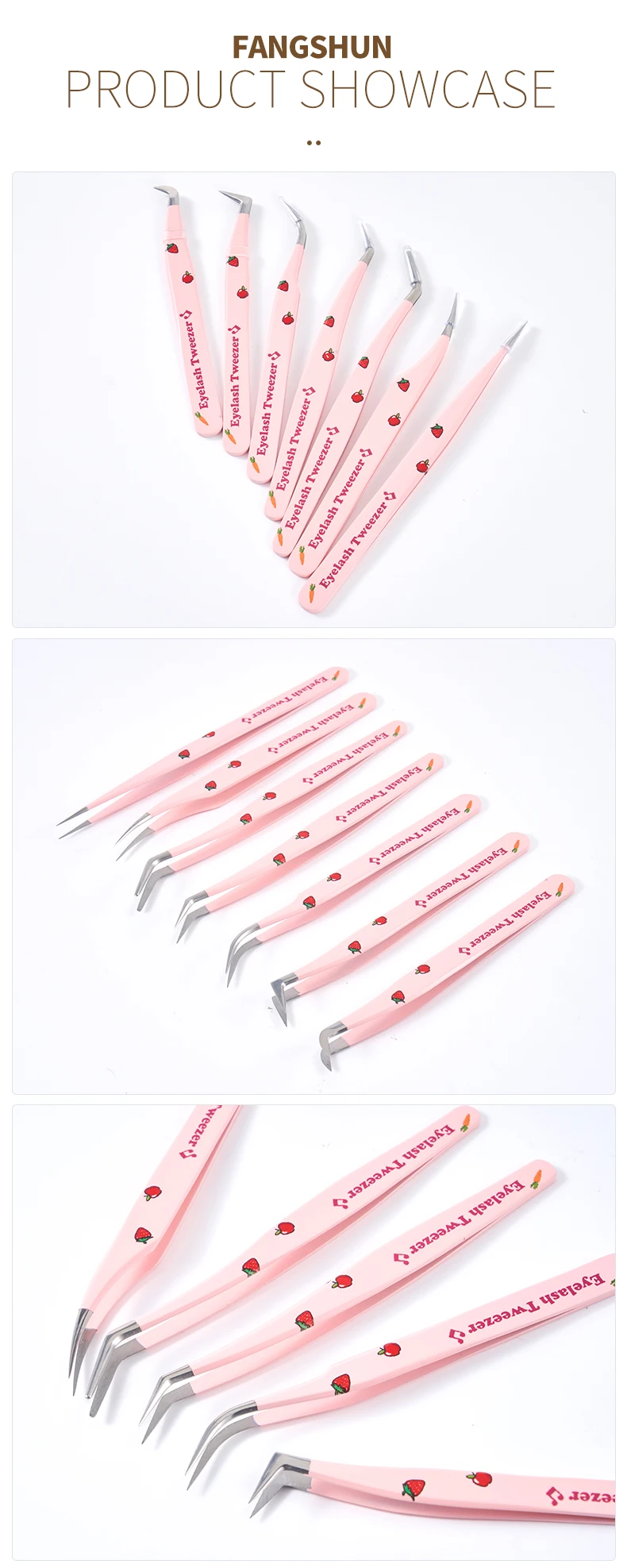 Print Logo Nano Grip Microfiber Eyelash Tweezers Pink 7Pcs Volume Lash Extension Fiber Tips Tweezers Set