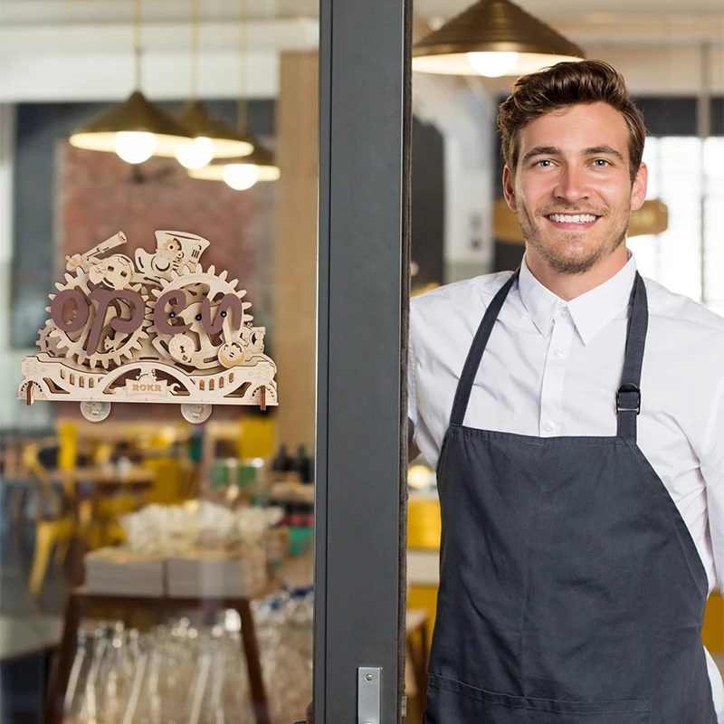 Robotime Rokr Contraption Mechanical Models LK506 DIY Handmade Assembled Open Closed Sign 3D Wooden Puzzles