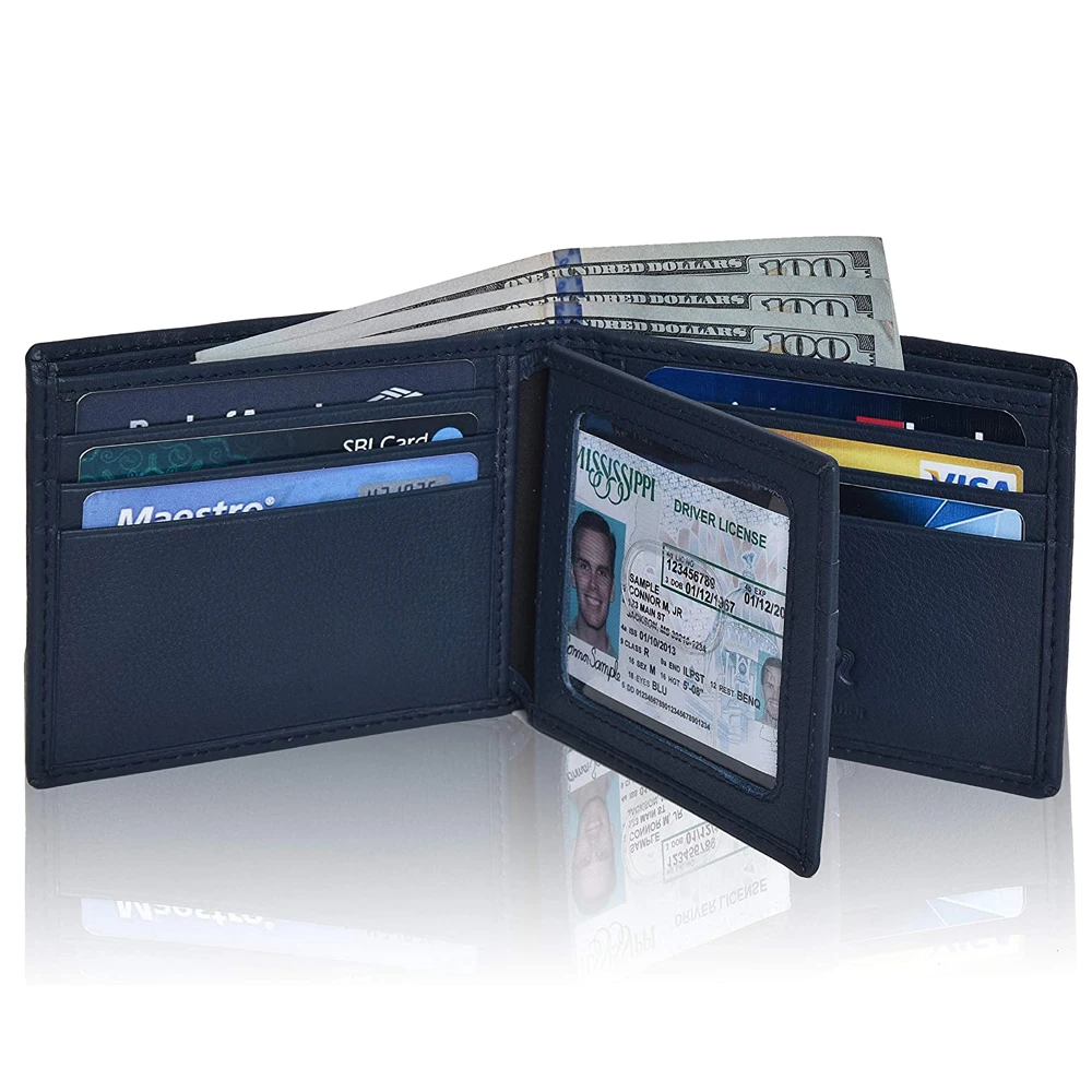 Бумажник двойного сложения из натуральной кожи с RFID-блокировкой и логотипом на заказ мужской бумажник передним карманом окошком для удостоверения личности