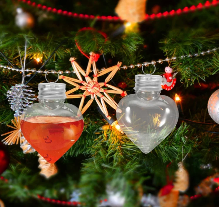 Heart Shaped Hanging Bottle Christmas Booze Balls Fillable Drink Balls with Cap Tree Ball Water Bottle Bulbs Juice Bottle