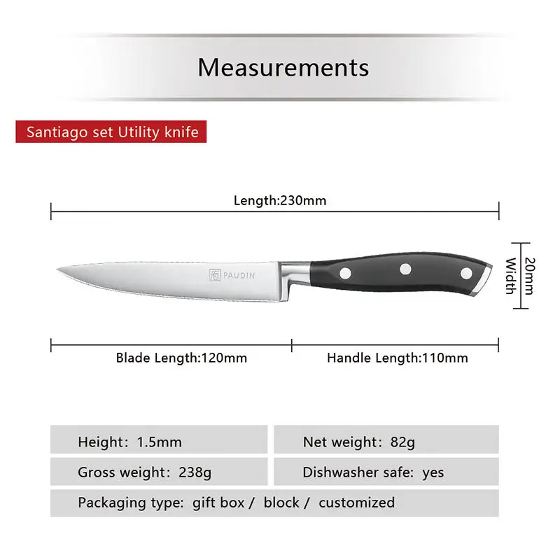 Paudin 5 Inch Professional German design High Carbon Steel Kitchen Knife With ABS Full Tang Handle Kitchen Utility Cutter Knife