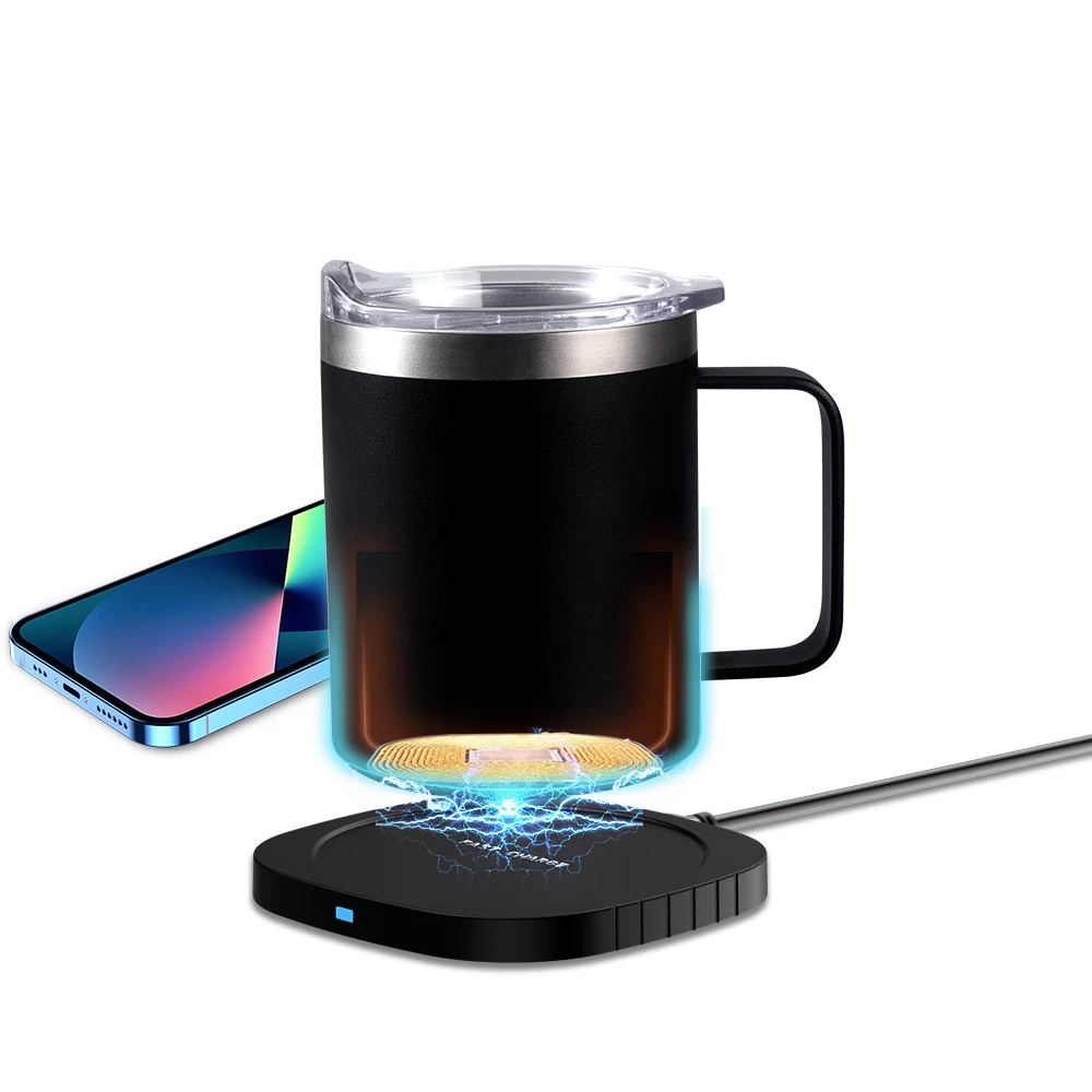 55 Degree Self Heating Heated Stainless Steel Charging Double Walled Coffee Tumbler Mug With 15W Wireless Phone Charger