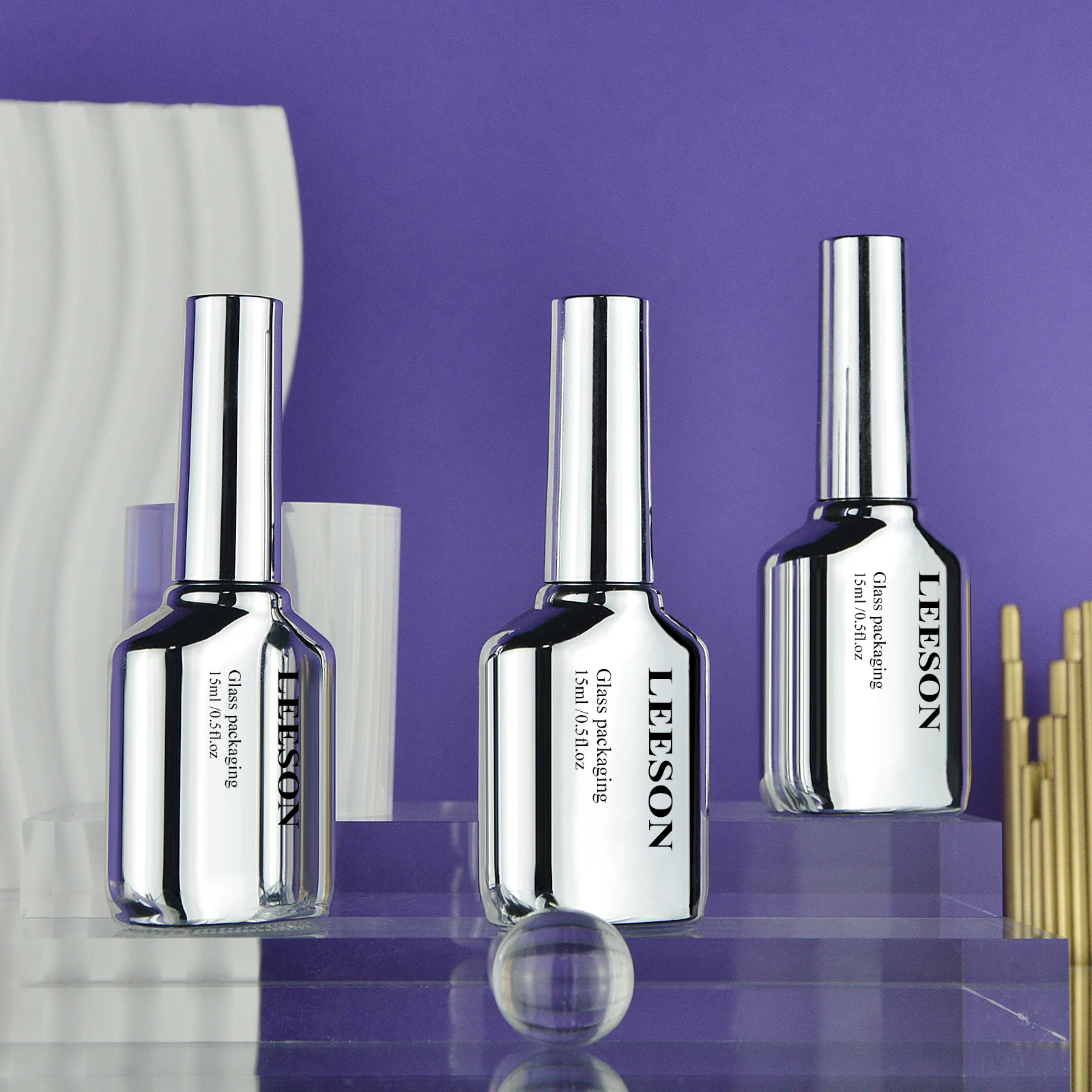 Luxury Stock Silver Empty Nail Polish Bottle For Top Coat Electroplate Uv Gel Nail Polish Glass Bottle With Silver Cap Brush