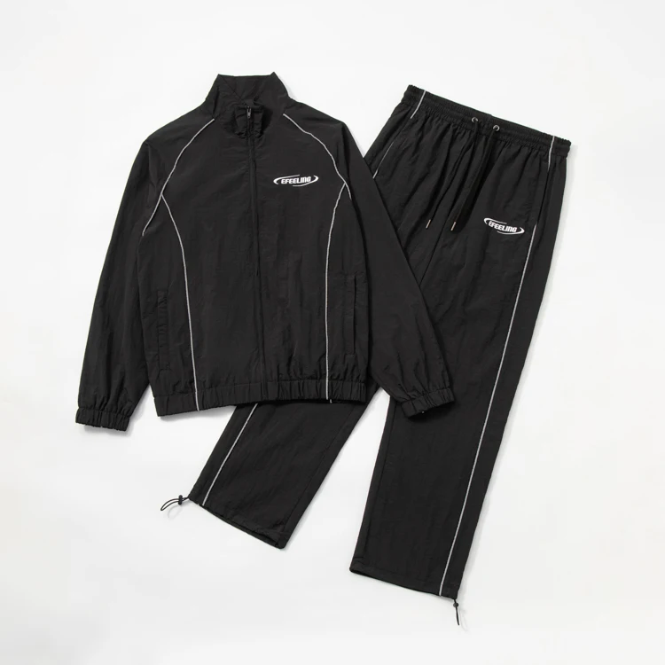 Reflective Piping Embroidery Logo Man Nylon Windbreaker Suit Set Tracksuits