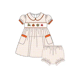 Thanksgiving infant smocked clothing ruffles puff sleeve dress turkey French Knot smocking heart pocket girls outfits for fall