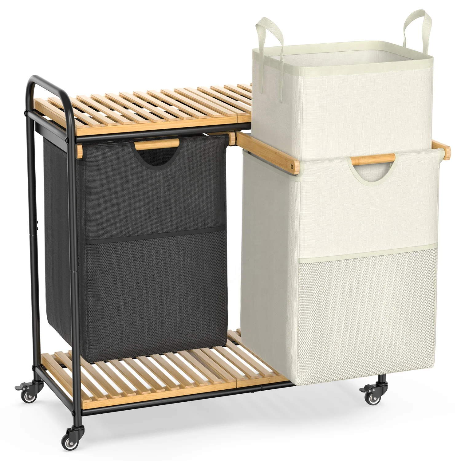 Bamboo Laundry Basket With Wheels Tall Laundry Sorter With 2 Pull Out Removable Bags and Shelves Bamboo Rolling Laundry Hamper