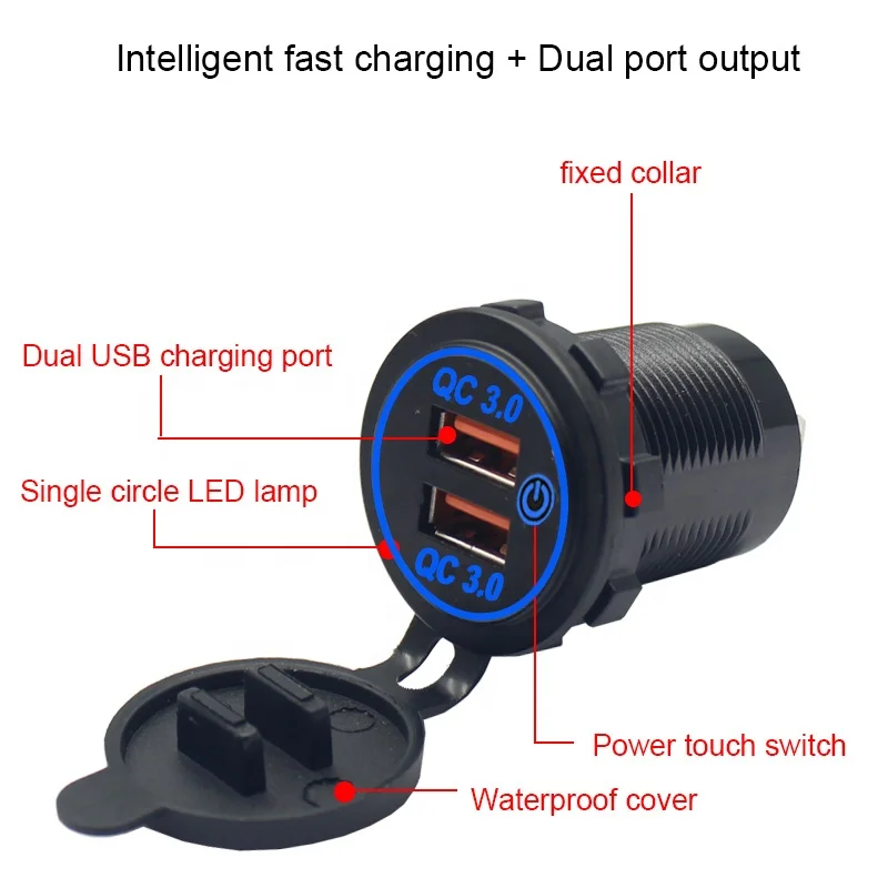 Waterproof 12V/24V Quick Charge 3.0 Dual USB Car Charger Socket  QC3.0 USB Fast Charger Socket Power Outlet with Touch Switch