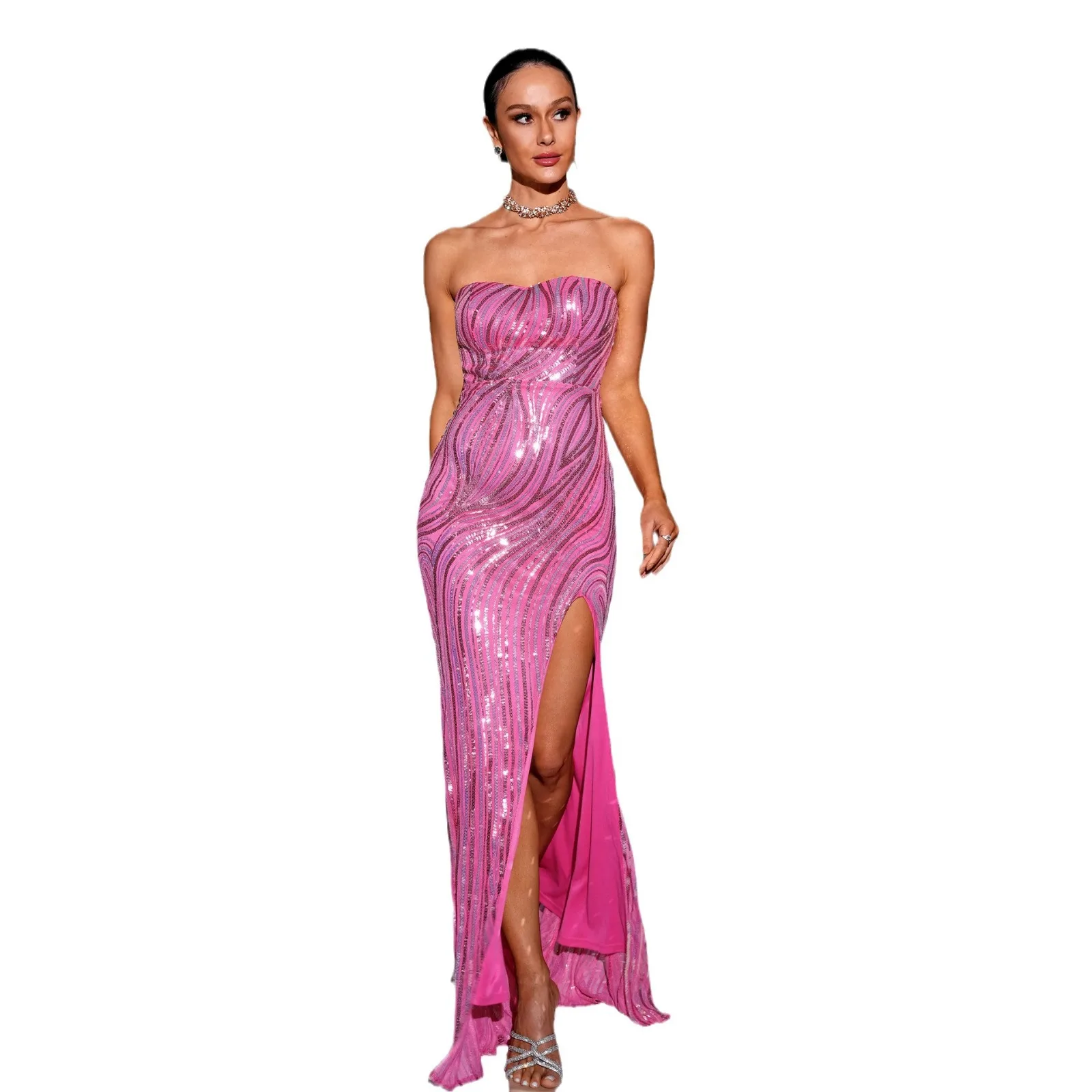 Luxury Dubai Fuchsia Evening Dress With Overskirt Scalloped High Slit Arabic Women Wedding Party Gowns