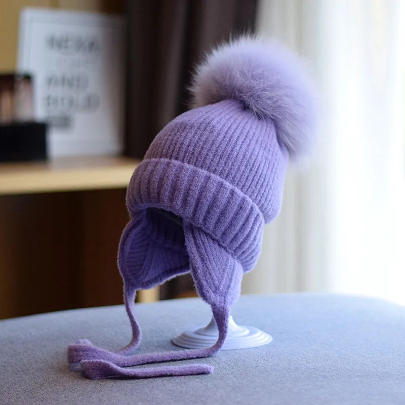 2023 Children Winter Cap New Fashion Wool Windproof Warm EarFlaps Cotton Cute Knitted Cashmere Hat With Pompoms
