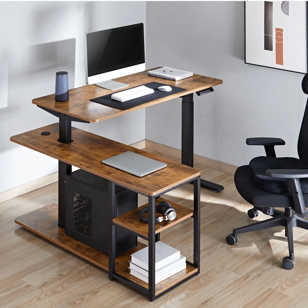 Wholesale OEM ODM Single Motor Home Office Sit Stand L Shaped Electric Height Adjustable Standing Desk with Storage Shelf