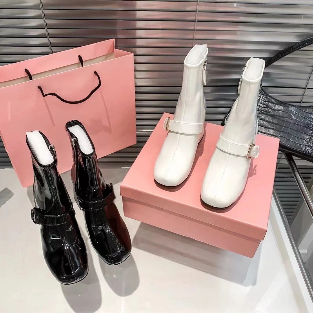 2024 winter new hot trend square toe women shiny patent leather ankle boot chunky heel high heels zipper knight boots for women