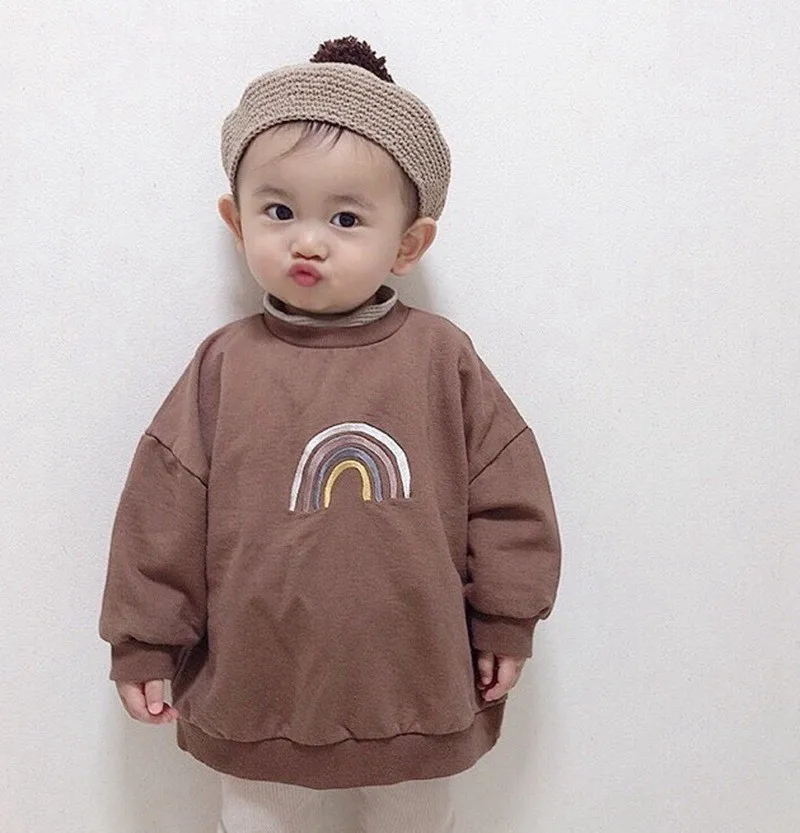 
2021 Hot sale Popular Rainbow Embroidery Children Pullovers Autumn Baby Boys Sweatshirts Clothes Fashion Toddler Girl Tops 