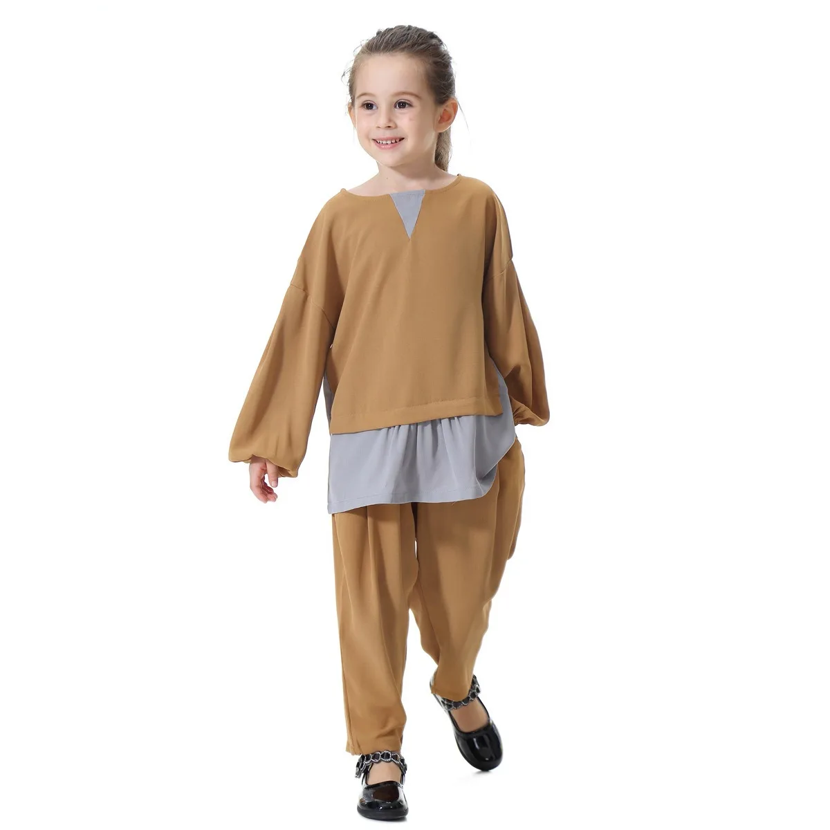 C0025 Turkey Style Modest Suit Muslim Children Kids Set 2 PCS Long Sleeve Arab Little Girls Long Shirt And Pants Sets
