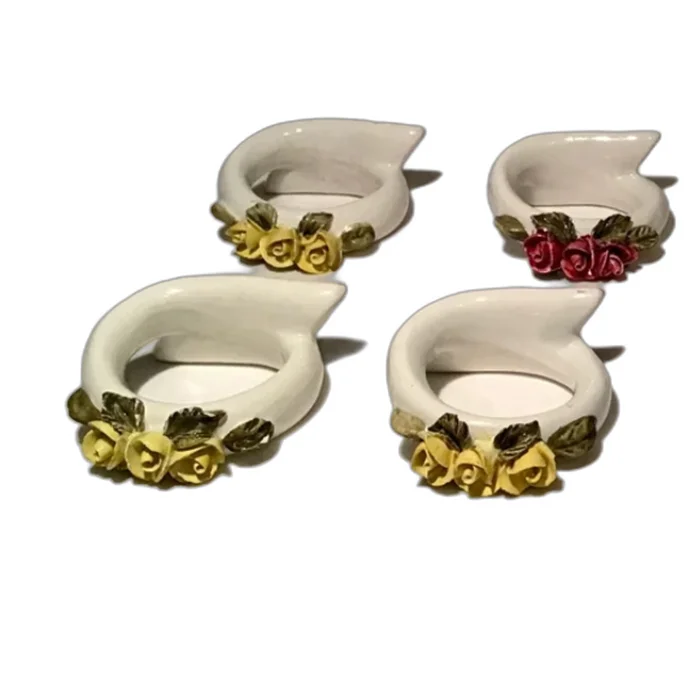 Beautiful French vintage hand made and painted ceramic roses themed napkin rings / Serviette rings